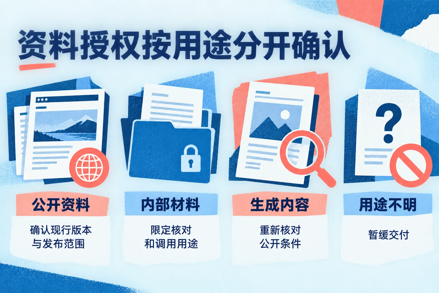 展示公开资料、内部材料和生成内容的不同授权检查位置，强调内部使用许可不自动延伸为公开发布许可。