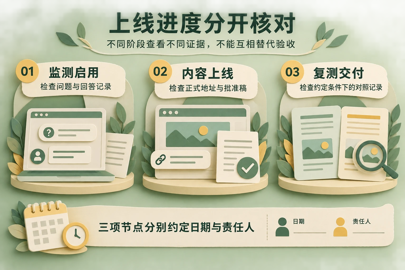 展示监测启用、内容上线和复测交付的不同证据，说明账号开通、草稿生成和单次截图不能互相替代验收。