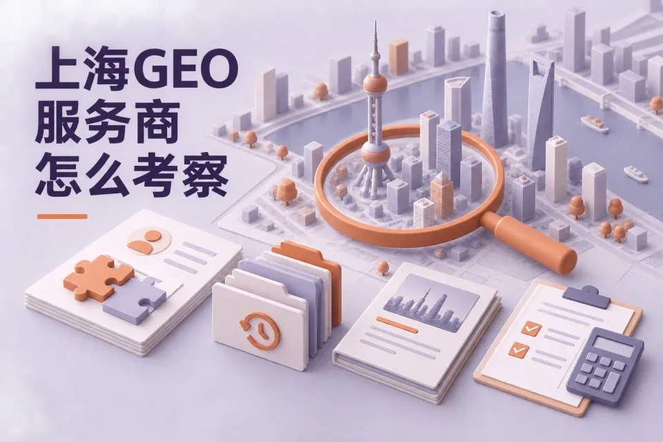 面向上海企业采购的GEO服务商考察封面，以能力、维护、案例和责任四个检查对象概括正文，不展示排名或效果数字。