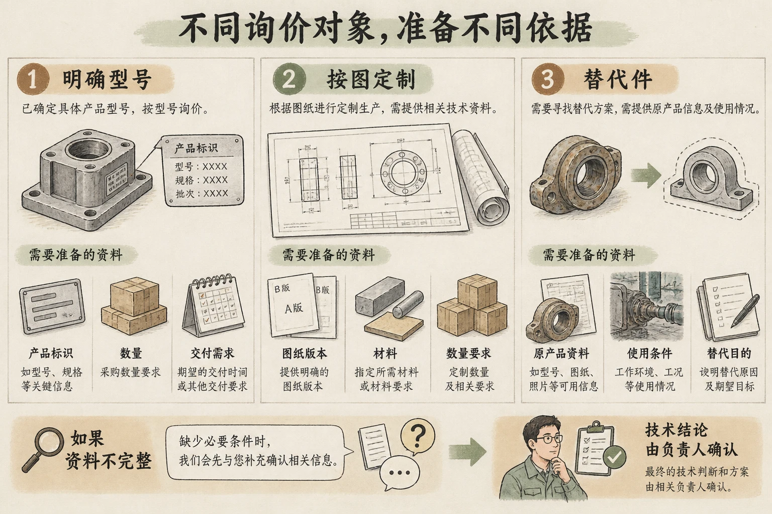 工业零部件询价信息图，区分明确型号采购、按图定制和替代件咨询所需资料。