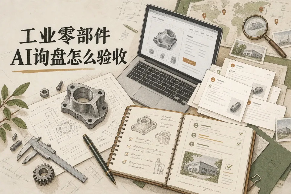 工业零部件AI询盘验收主题封面，展示产品内容、实际咨询与来源核实三类不同凭据。