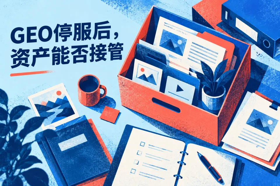 GEO项目退出交接主题封面，以企业接管资料、正式页面和历史记录为画面主体，区分留存成果与持续订阅，不呈现推荐效果承诺。