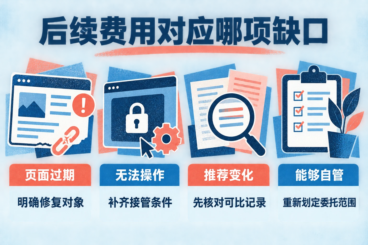 GEO后续投入判断图：页面过期对应修复，操作依赖对应交接，可比回答变化对应复核，企业可自行维护的事项不默认续购。