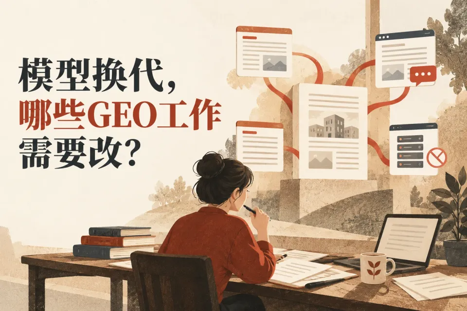 以企业事实资料为中心，连接内容生成、公开页面与公众回答，旁列服务下线检查，呈现按实际影响确定返工范围的思路。
