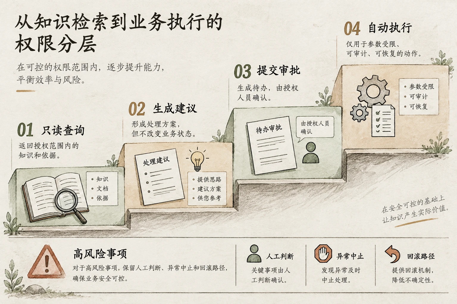 分层图展示只读查询、生成建议、提交审批和自动执行四级能力，并标出高风险事项需要人工判断和回滚机制。