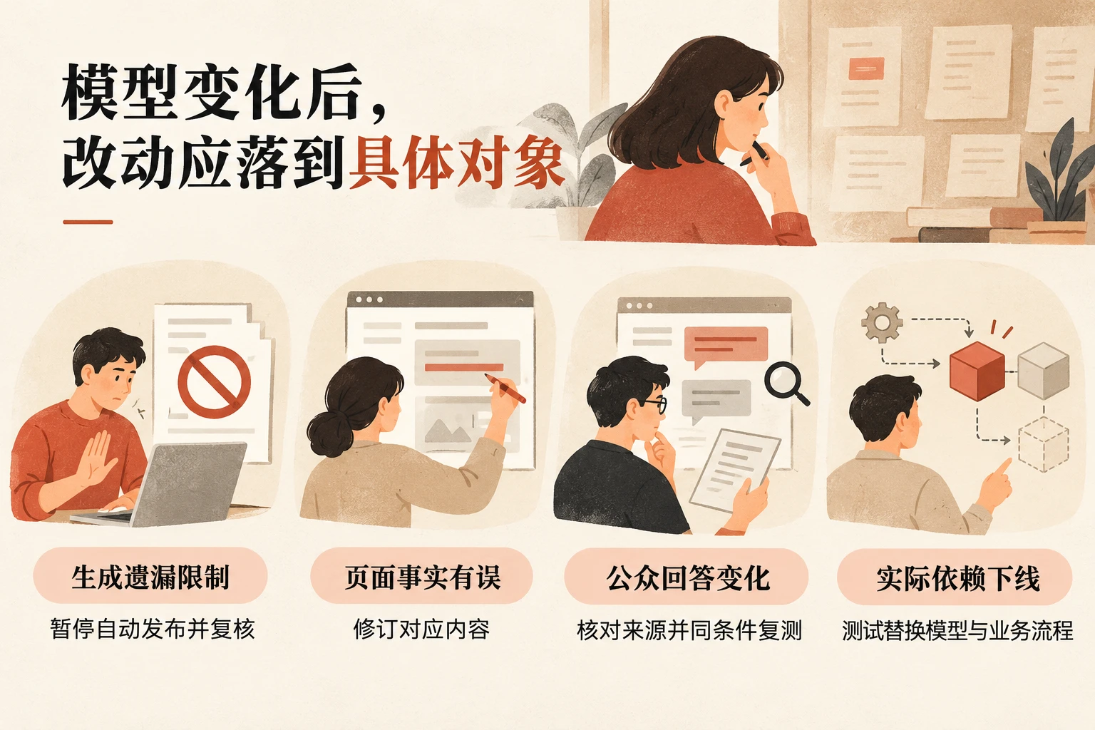 模型换代排查建议图，按生成任务、页面事实、公众回答和服务依赖区分处理对象，不表示平台官方诊断规则。