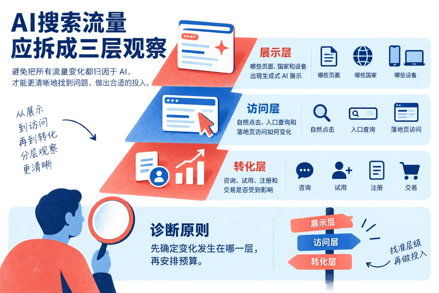 图解企业如何分别观察生成式AI展示、网站访问和业务转化，避免把所有流量变化归因于AI。