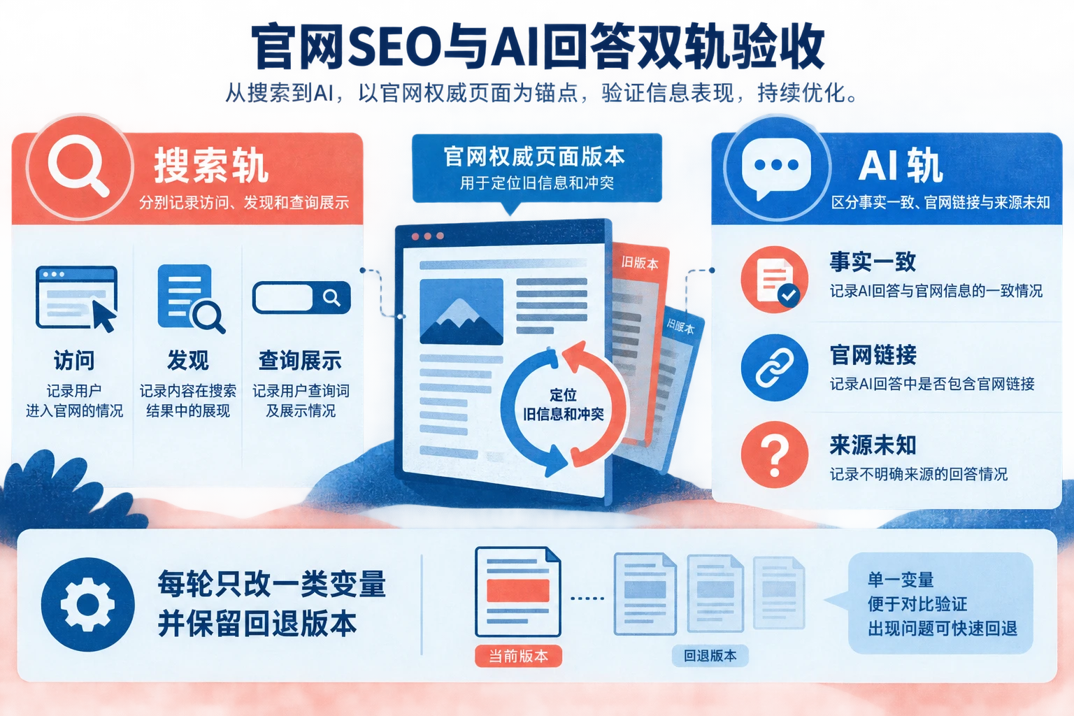双轨验收图展示搜索侧记录、AI回答记录，以及连接两条链路的官网权威页面版本。
