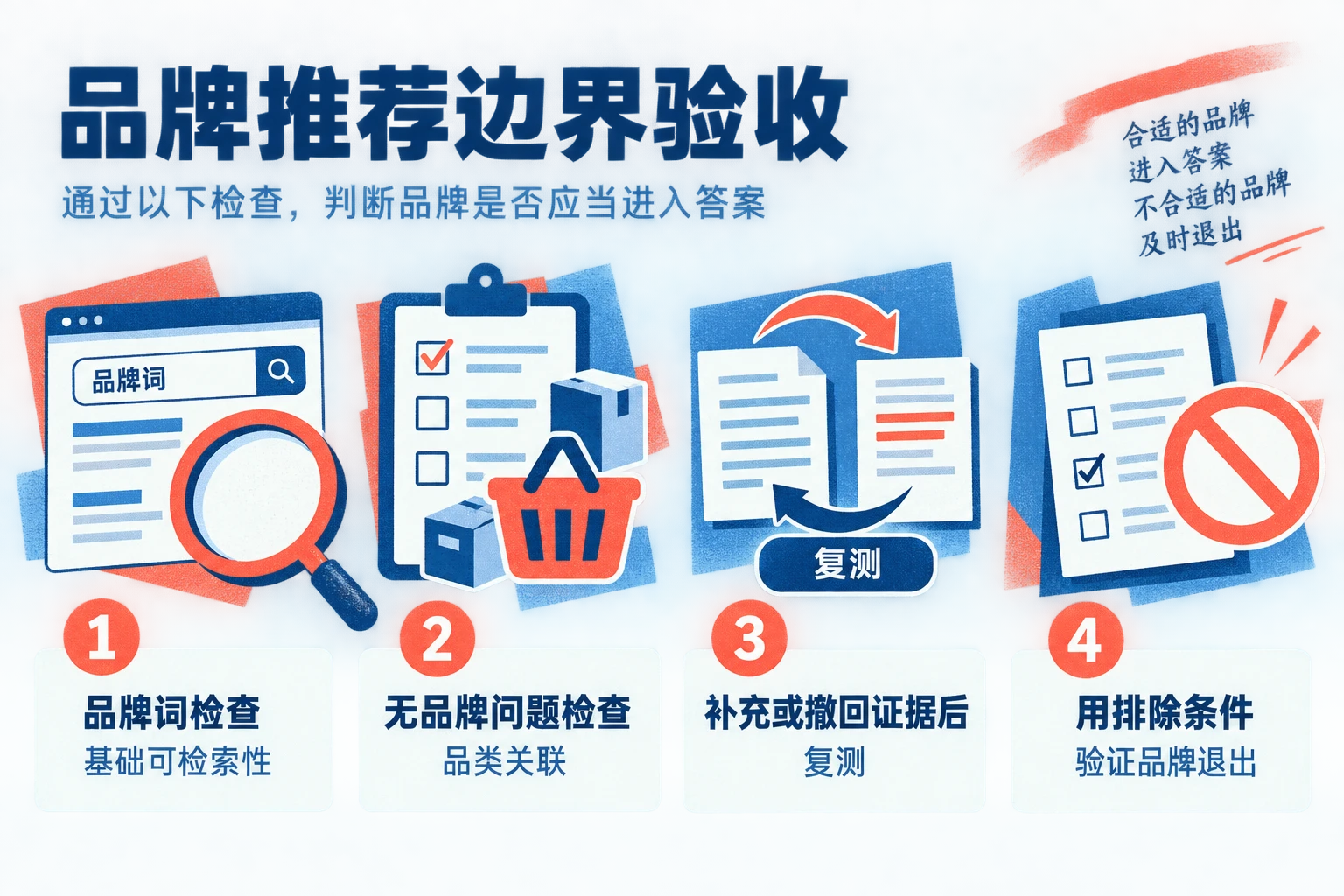 通过无品牌问题、证据变化和排除条件检查品牌是否应当进入答案。