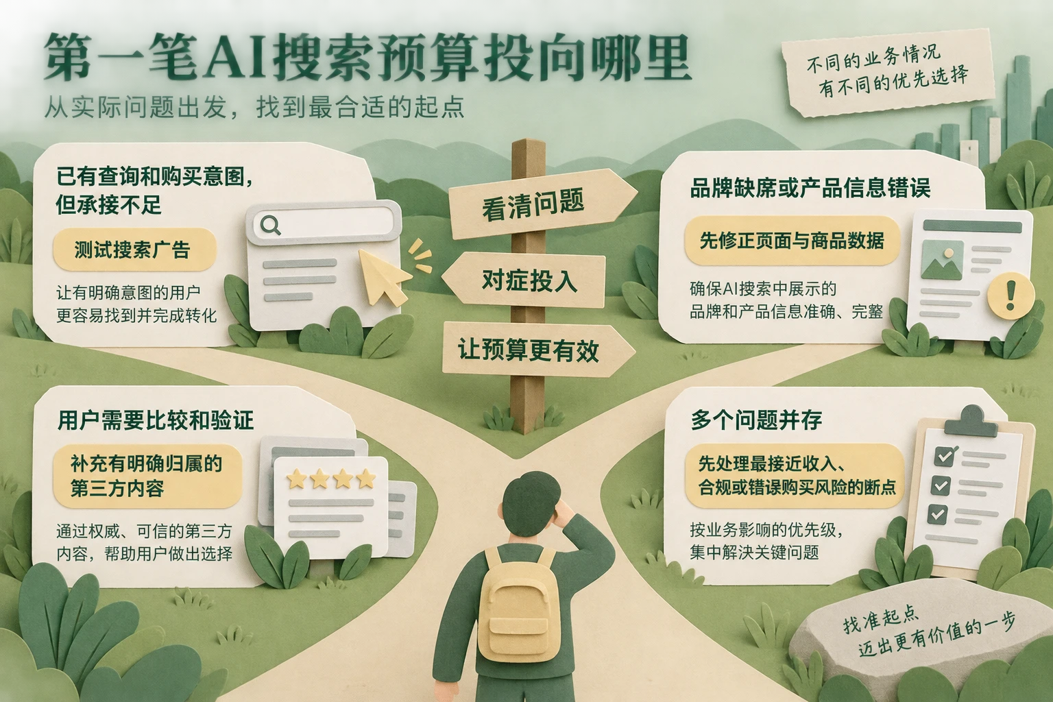 AI搜索推广预算判断图，根据需求承接、信息准确性和外部信任三类问题选择搜索广告、数据底座或第三方内容。