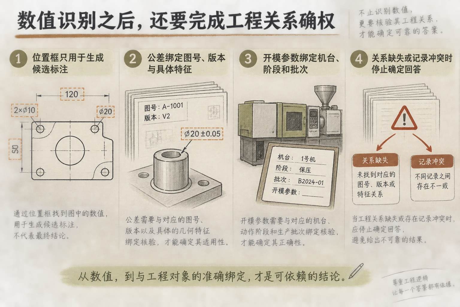 公差按二维标注与特征关系核验，开模参数按设备工况与动作阶段核验