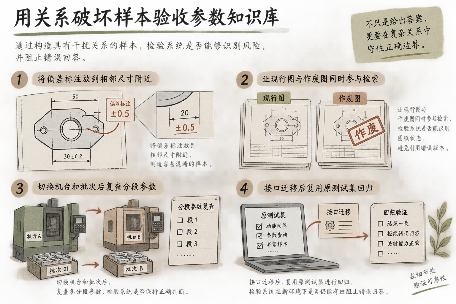 通过错挂公差标注、混用开模工况和版本冲突检查系统是否阻止错误回答