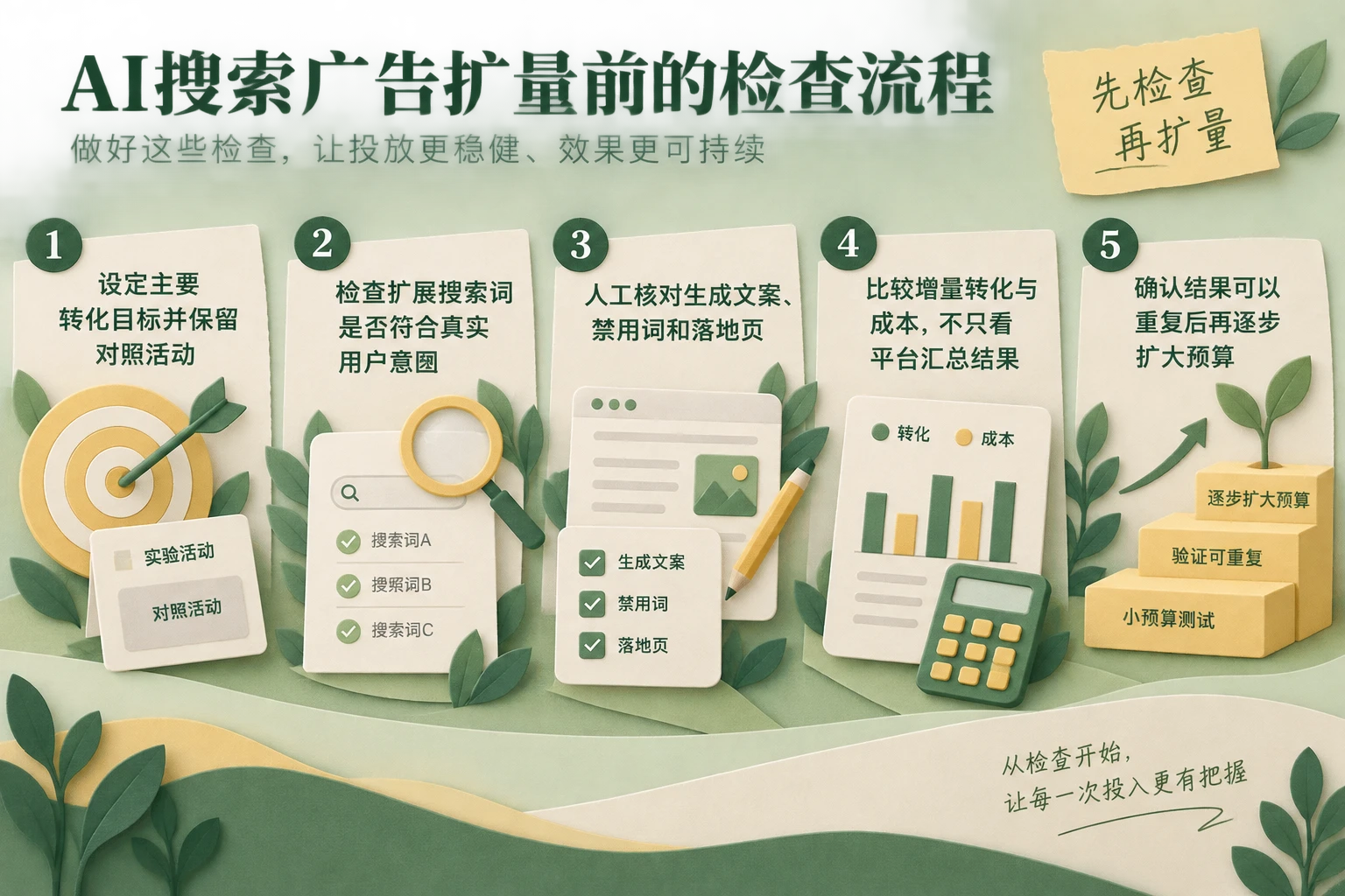 AI搜索广告受控测试流程，包括保留对照、核对搜索词与文案、检查落地页、计算增量转化成本和决定是否扩量。
