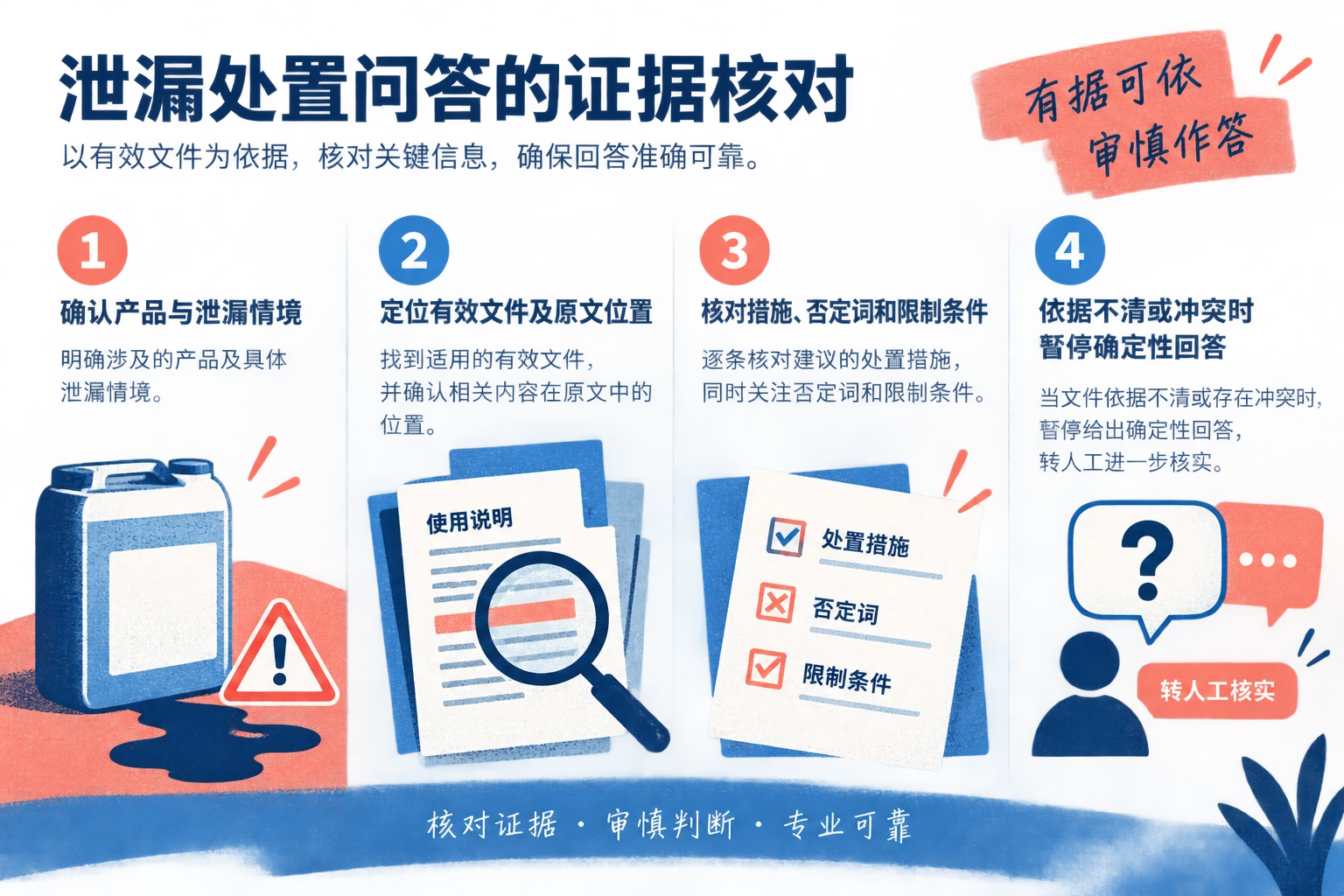 内部验收示意：核对指定产品、泄漏情境、有效文件的措施与限制条件；依据冲突时转人工。