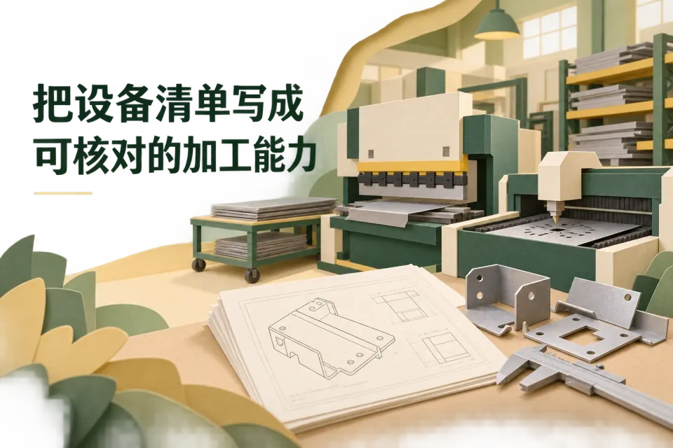 钣金车间设备与加工能力资料示意封面，展示实际工序、适用条件和看图确认边界。