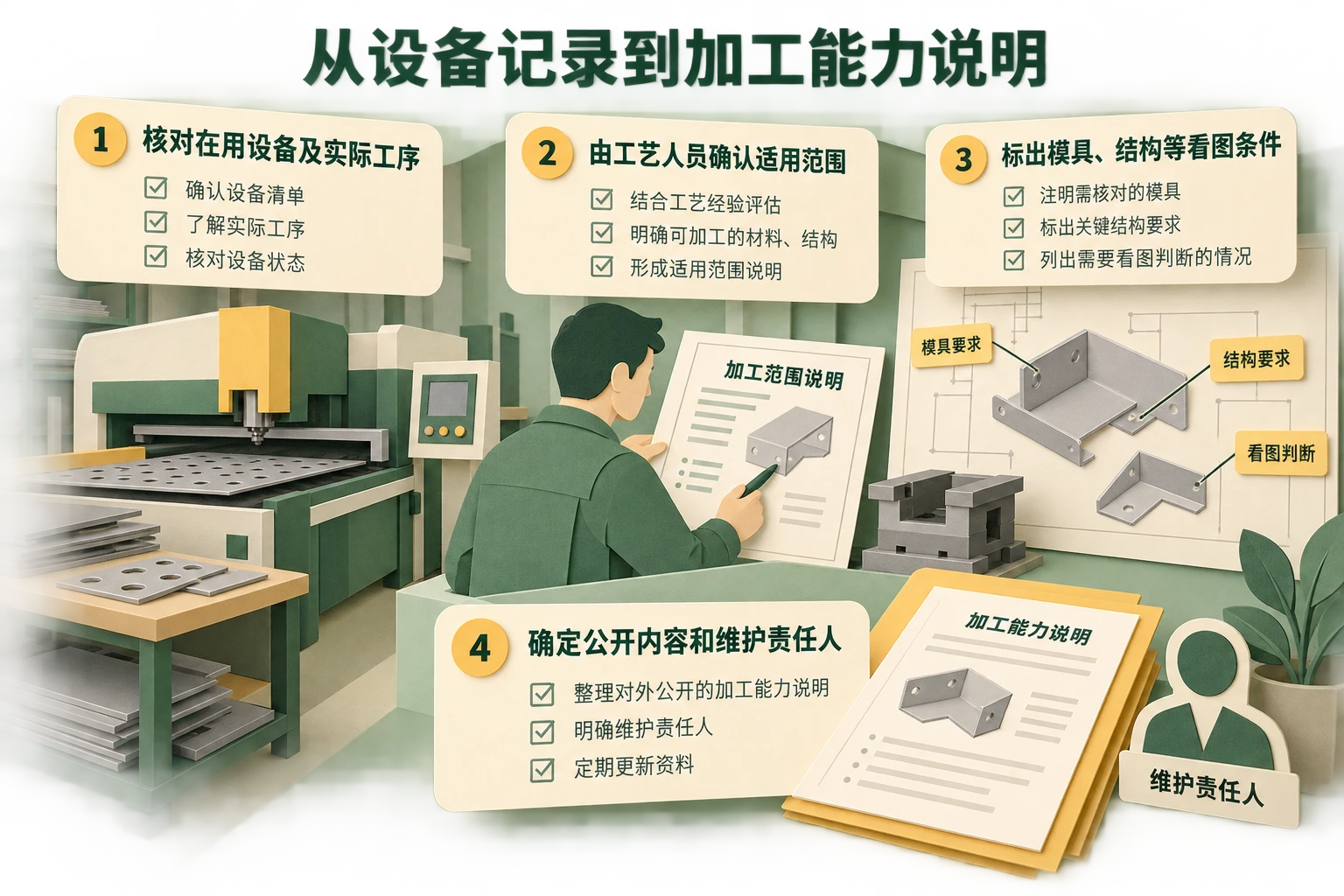 钣金设备资料示意图，展示实际工序、已确认的加工范围和需要看图判断的条件。
