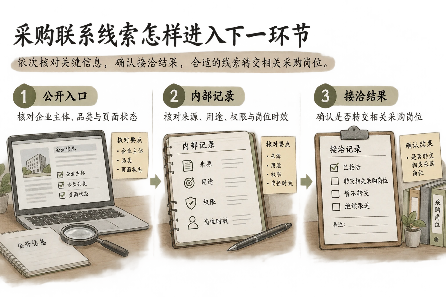 采购联系线索核对图：公开入口与内部记录分别核验，实际接洽后记录转交结果。