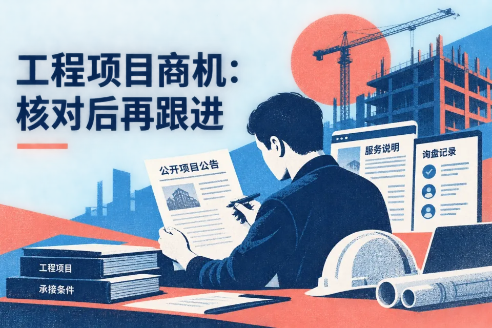 工程服务商核对公开项目公告与承接条件，并分别检查官网服务说明和询盘记录的示意图。