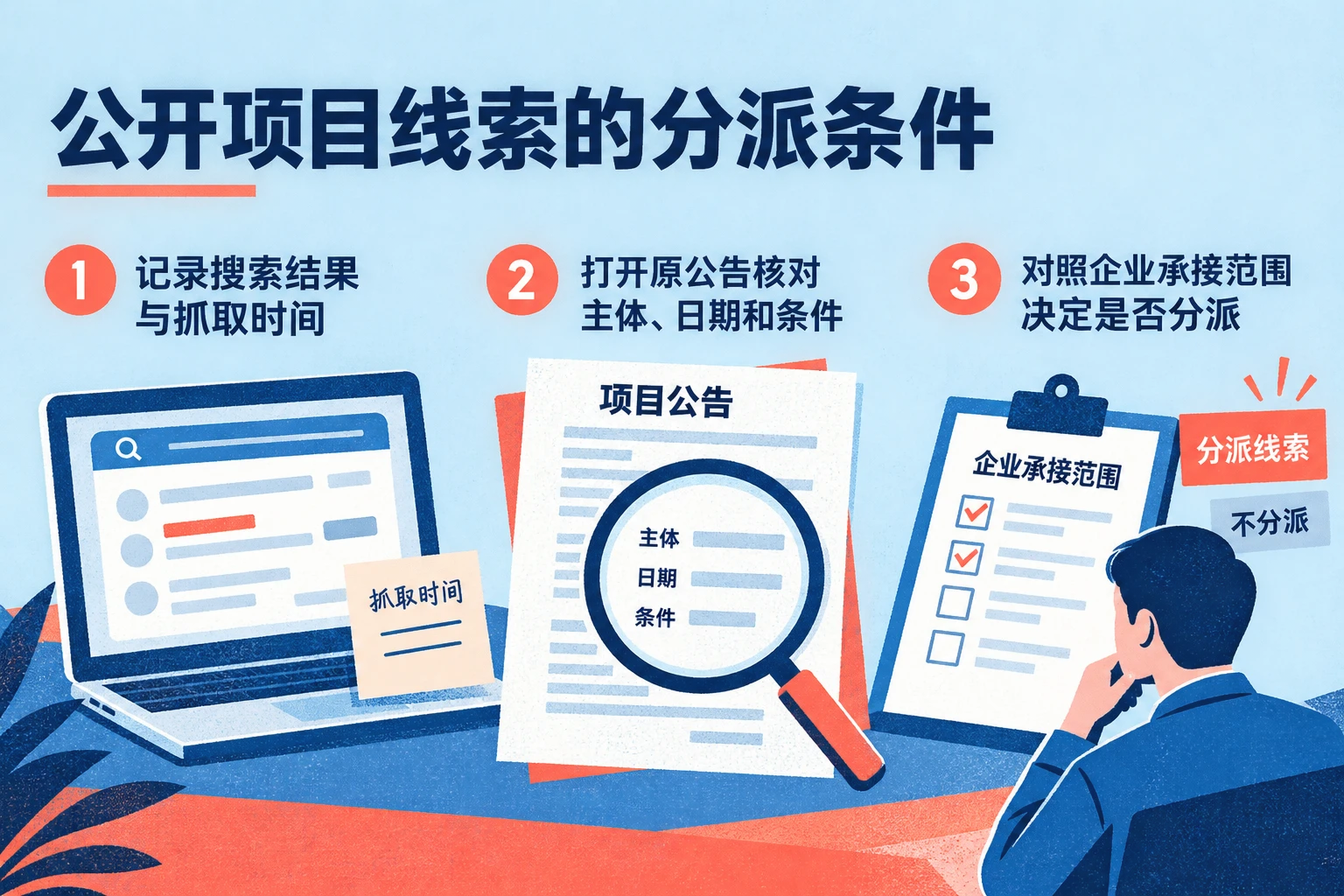 工程服务商将搜索结果与原公告、企业承接条件逐项核对后，再决定是否分派线索。