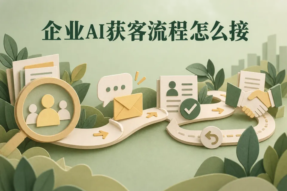 企业AI获客流程封面，以线索挖掘、触达、意向筛选和销售交接为主线，突出各环节的核对条件与退回处理。