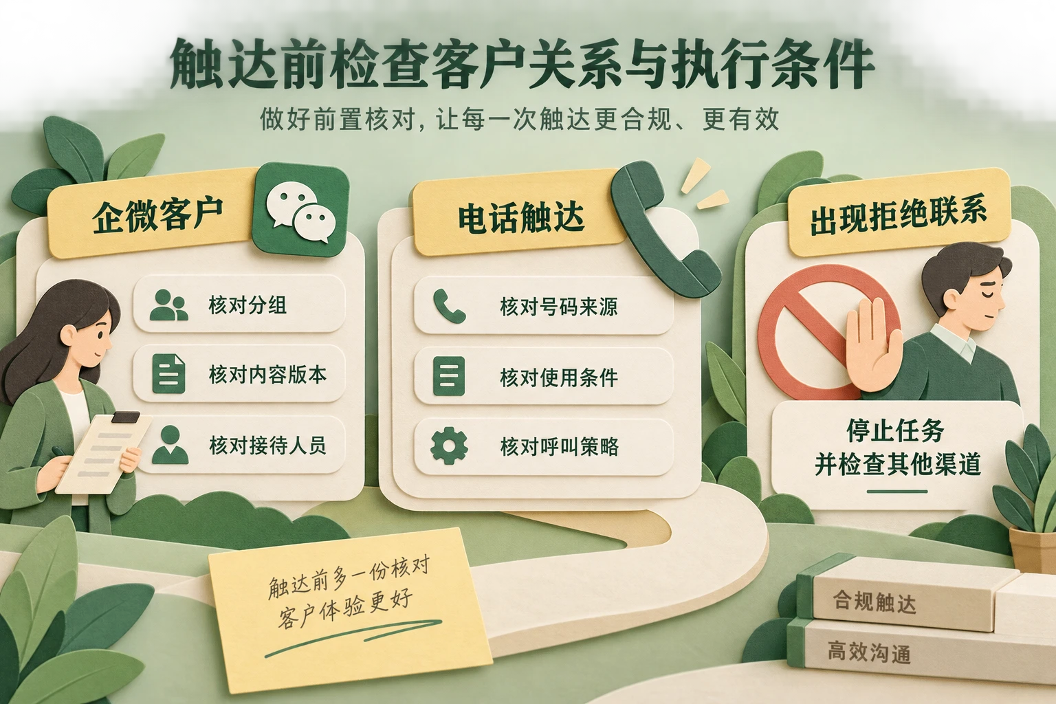 企业AI触达检查图，分别展示企微客户和电话触达的核对对象，以及拒绝联系后的停止处理。