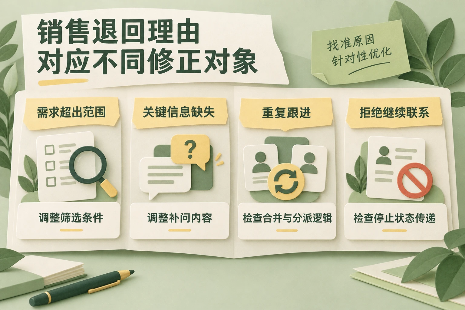 线索交接修正图，展示不同销售退回理由对应的筛选、补问、去重分派和停止状态检查。