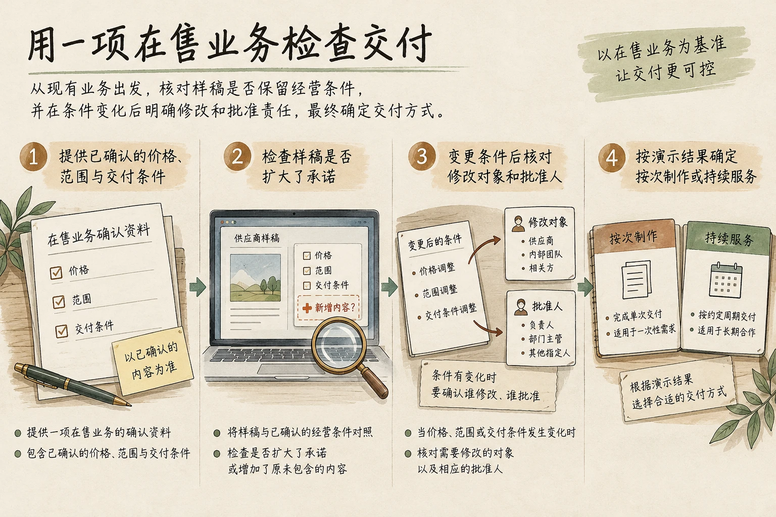 中小商家提供一项在售业务的确认资料，检查供应商样稿是否保留经营条件，再检查条件变化后的修改和批准责任。