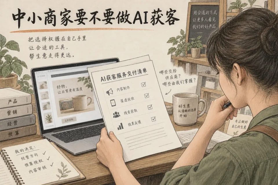 中小商家审阅AI获客服务交付清单，判断重复营销工作能否交给供应商，以及经营条件、预算和修改批准是否仍由商家掌握。