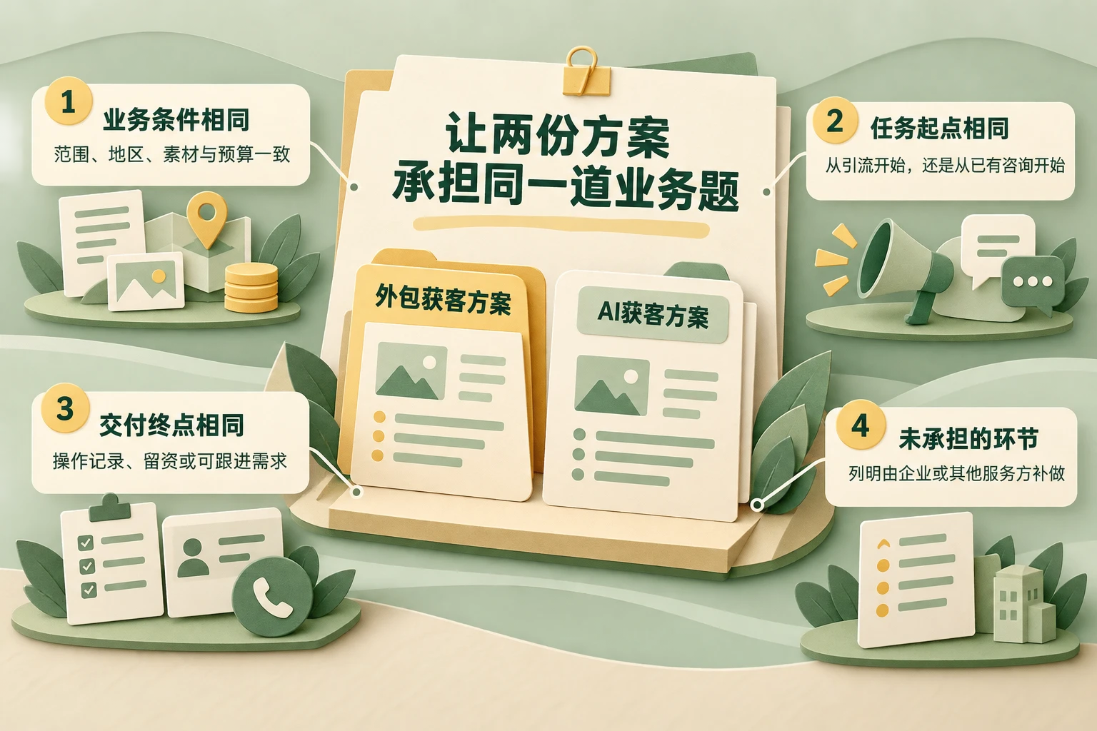 比较外包获客与AI获客时，统一业务条件、任务起点和交付终点，并单列企业需要补做的工作。