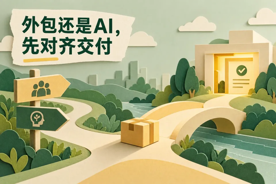 中小企业比较外包获客与AI获客，以同一项业务委托为中心，对照任务起点、交付终点和企业补位要求。
