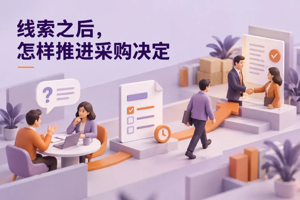 B2B线索跟进主题封面，呈现采购问题、报价待办、责任承接与成交确认之间的关系。