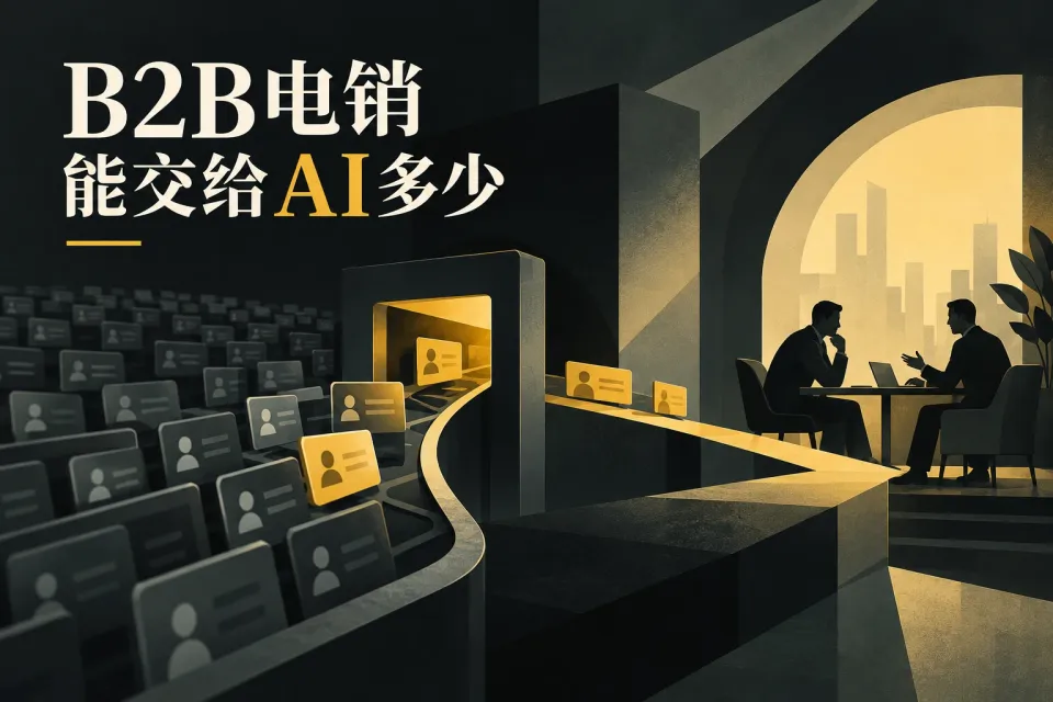 围绕B2B电销替代决策，展示重复初筛、复杂需求、筛选验收与剩余人工投入四项判断。